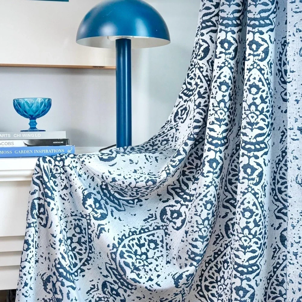 Navy and Silver Damask Medallion Curtains 54”Wx95”L, 2 Panels